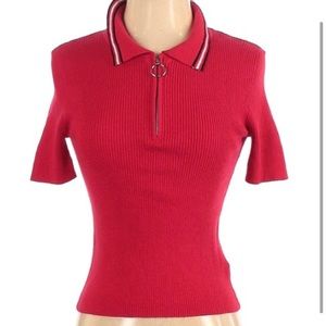 Kendall & Kylie Red Rib-Knit Retro Sweater w/ Short Sleeves and Striped Collar S